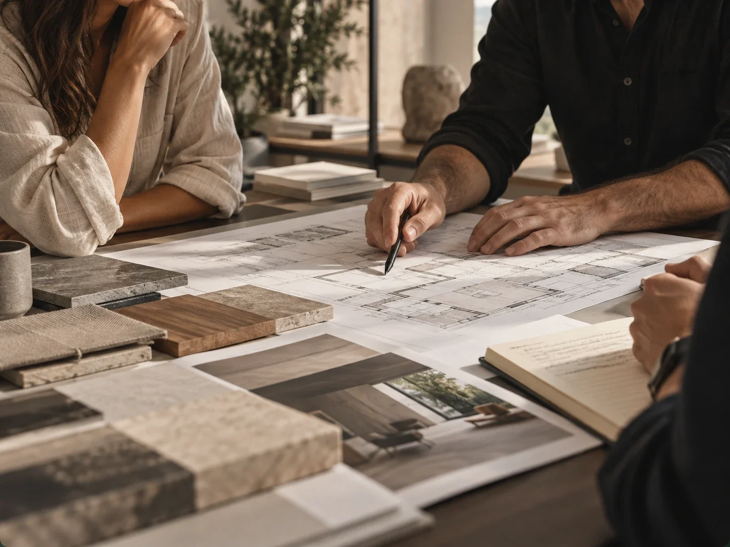Equipe em reunião de projeto, com plantas, amostras de material e mood board sobre a mesa